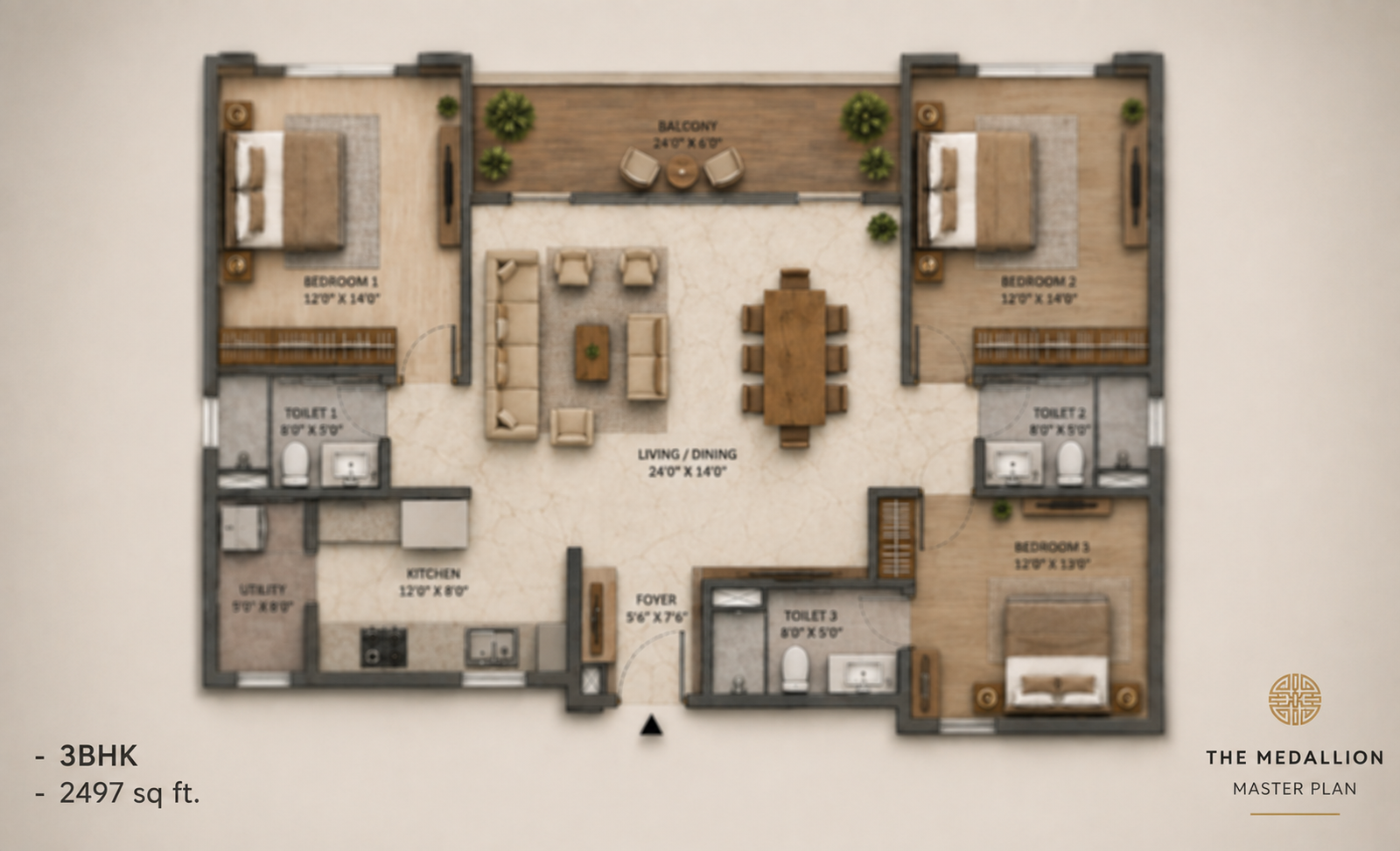 3 BHK + Study 2497 sq ft floor plan — Medallion Nova