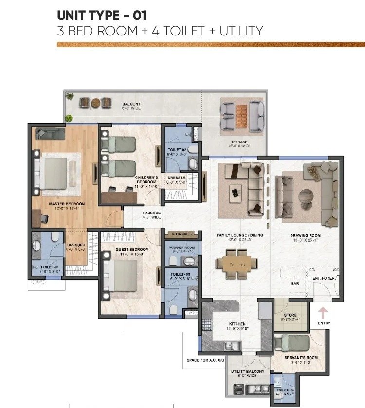 3 BHK floor plan — Medallion Aurum